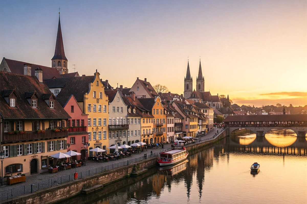 A European town along a river at sunset