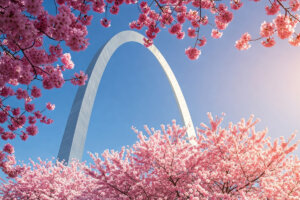 The St. Louis Arch with cherry blossoms in the foreground