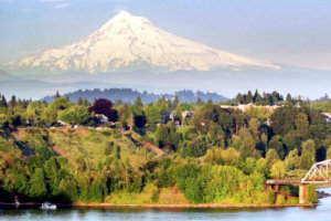 Portland, Oregon with Mount Hood in the distance along the Columbia River