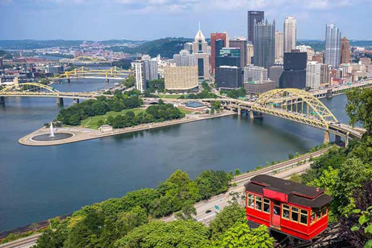 Pittsburg, with multiple river meeting and a gondola in the foreground