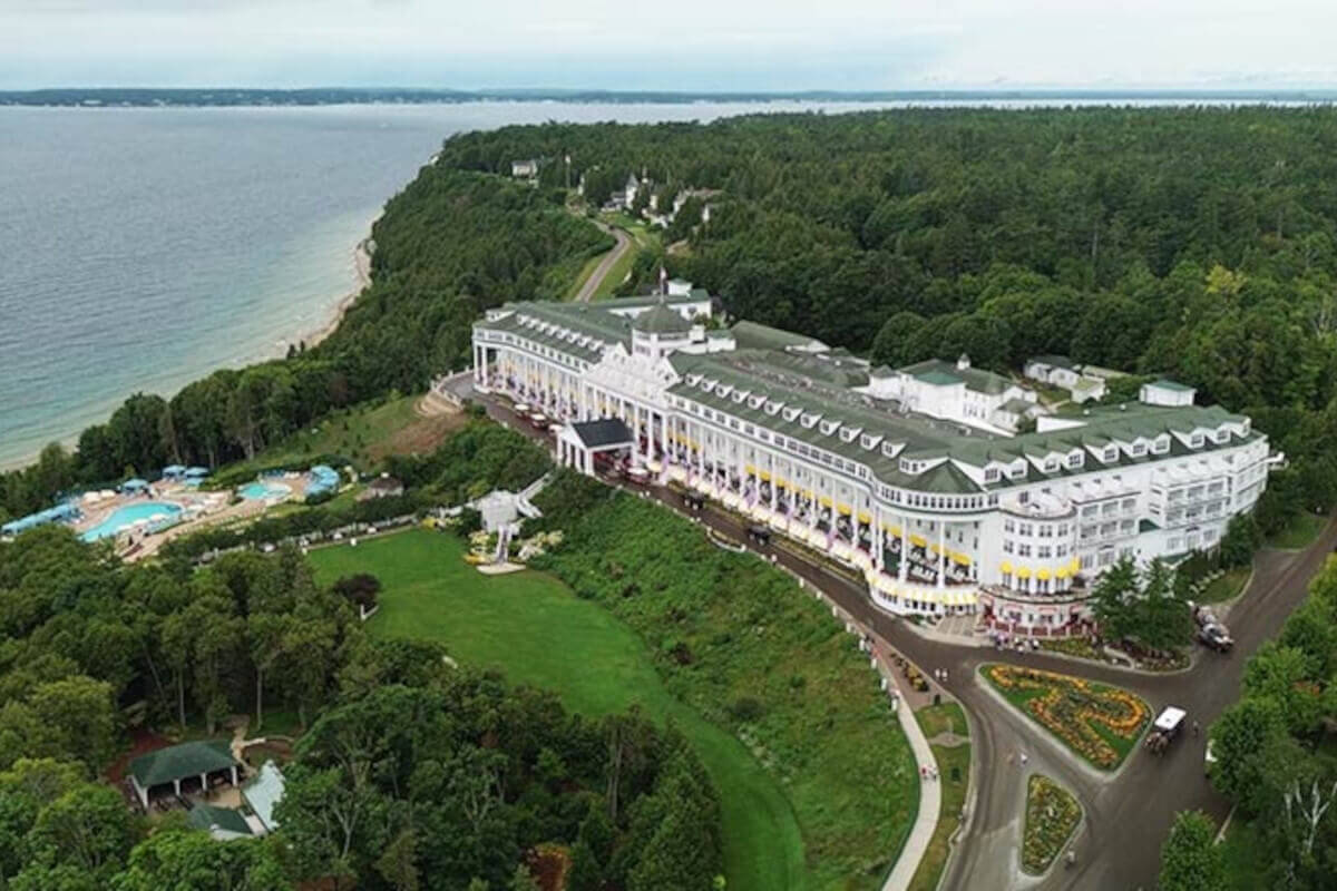 An aerial view of the Grand Hotel on Mackinac Island.