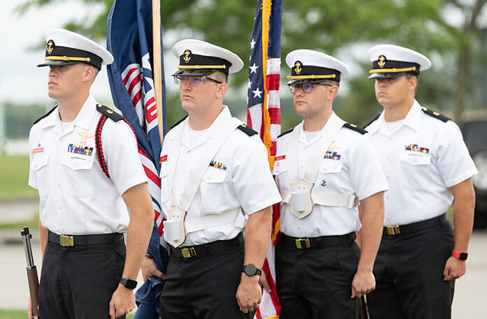 Military officers standing at attention at the Massachusetts Maritime Academy