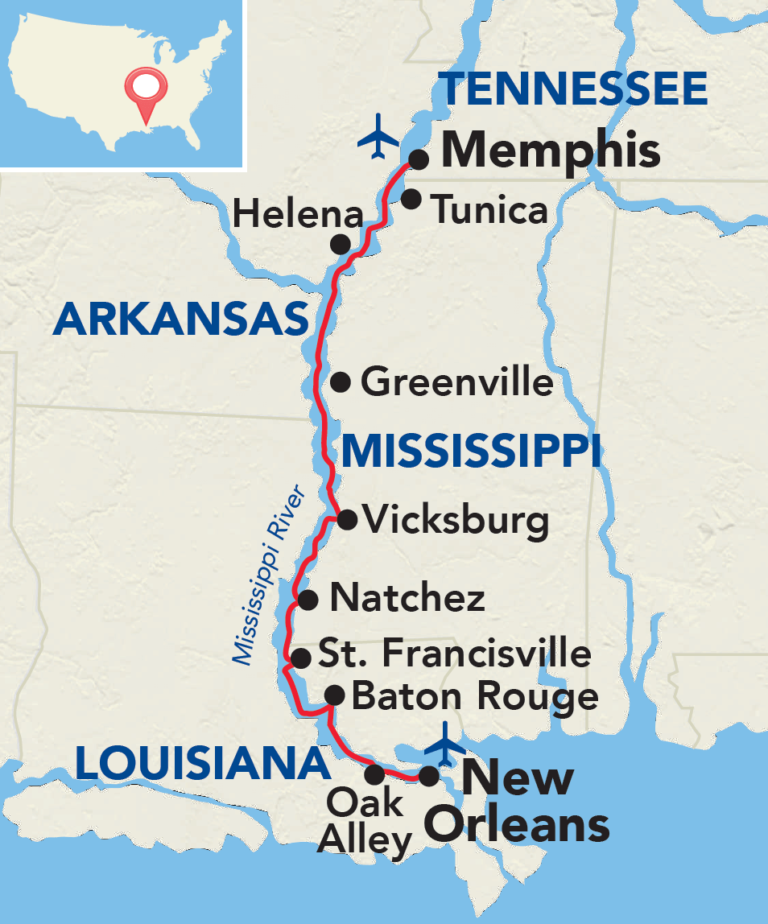 Lower Mississippi River Cruise Sunstone Tours Cruises   ACL Mississippi Lower Mississippi River Itinerary Map 768x924 