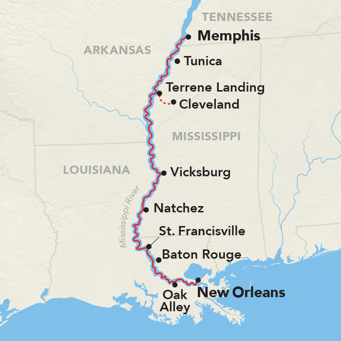 Lower Mississippi River Cruise itinerary map