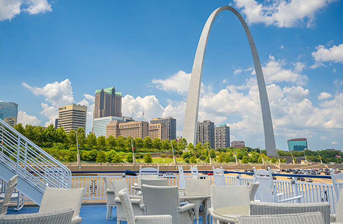 The view of the St. Louis Arch and skyline from the deck of an American Cruise Lines ship.