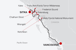 Sitka Alaska to Vancouver, British Columbia, Canada itinerary map from American Queen Voyages