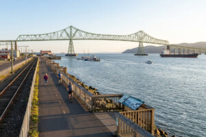 Astoria Riverwalk, with a bridge spanning the Columbia River