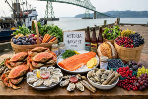 Regional foods, including crab, salmon, oysters and fresh berries and vegetables