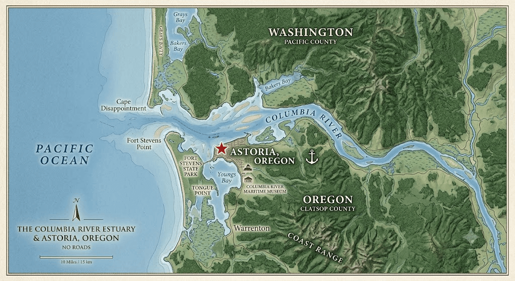 Map of the Columbia River with Washington & Oregon converging, and Astoria highlighted