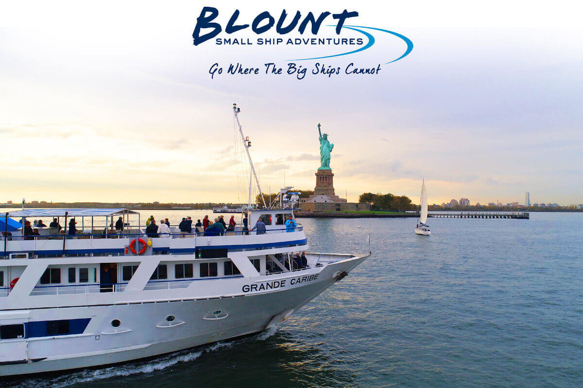 Blount ship in New York harbor passing the Statue of Liberty