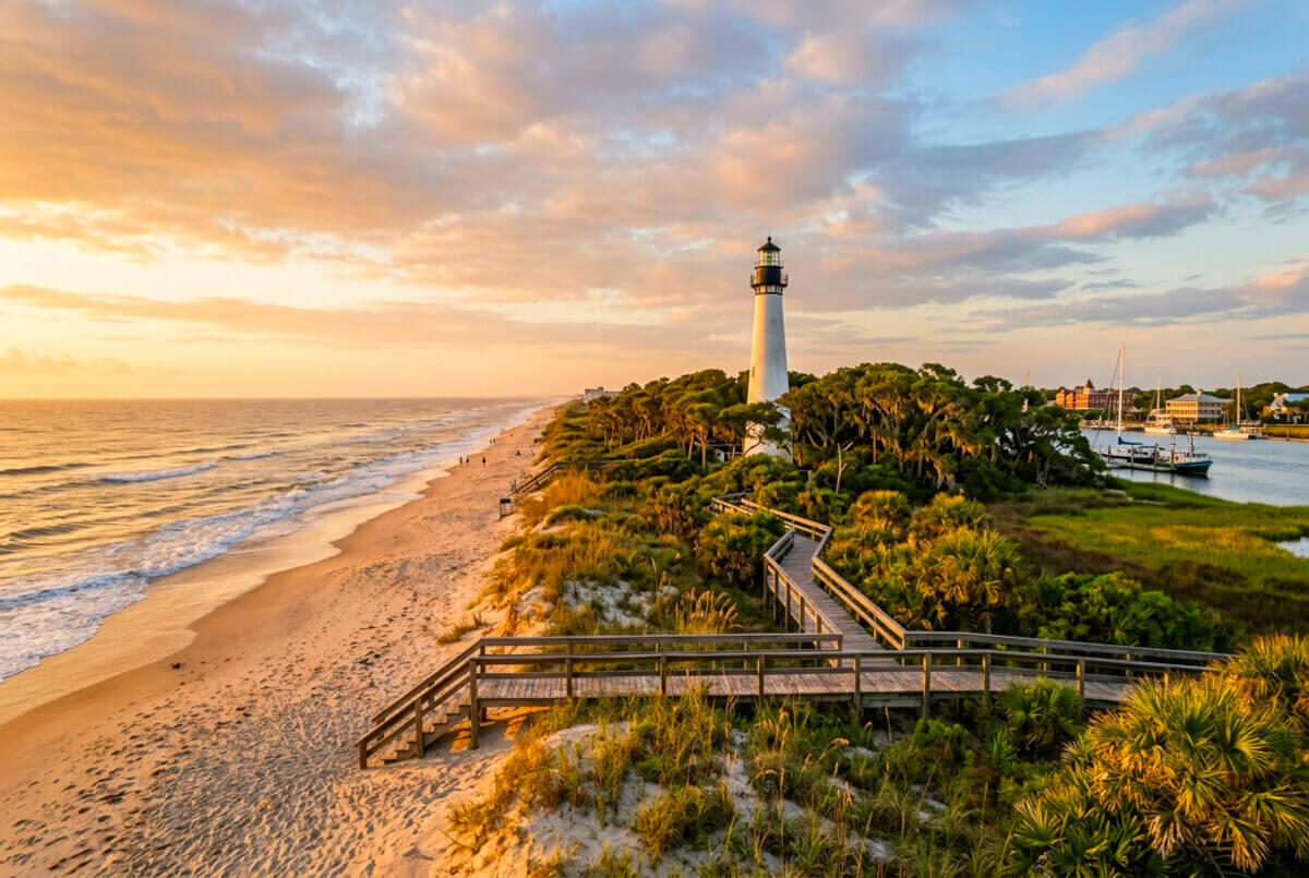 A white lighthouse rises above a palm-covered coastal island at sunset, with a wooden boardwalk crossing sandy dunes and a calm beach beside a marina.