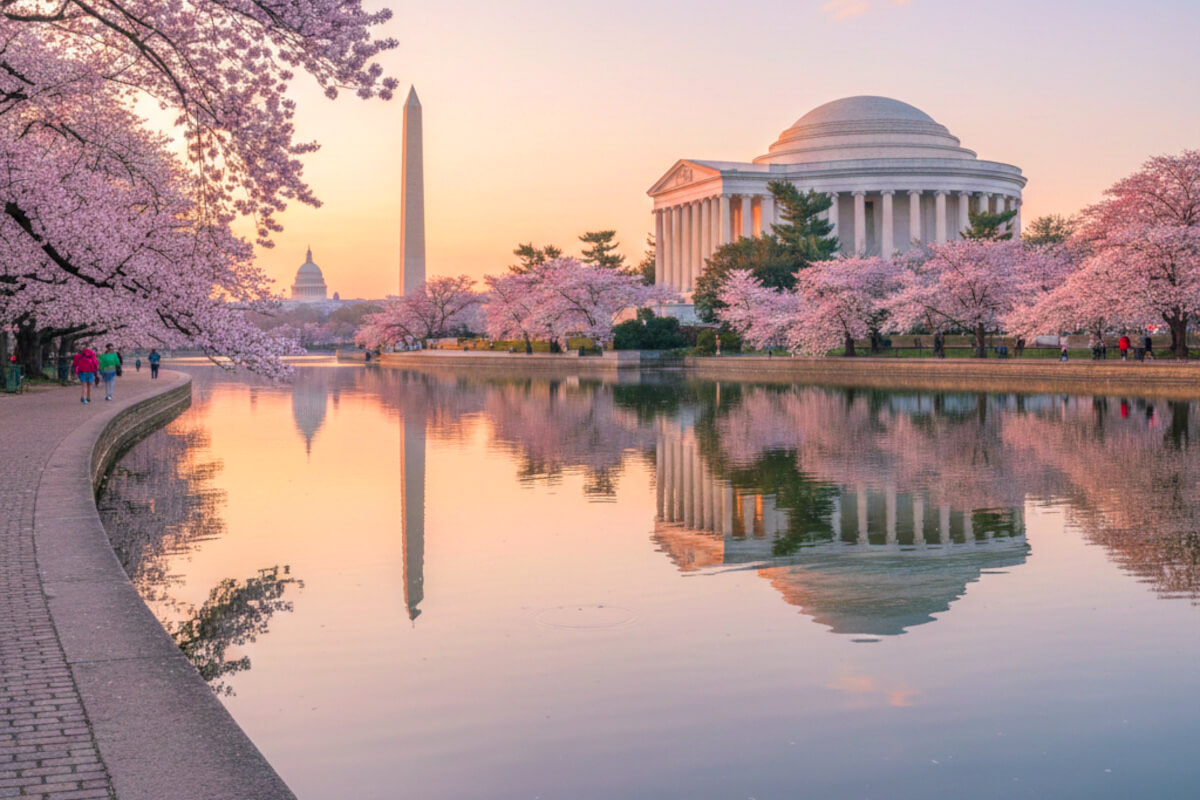 The Thomas Jefferson and Washington Memorials, and the US Capital with all the cherry trees in blossom