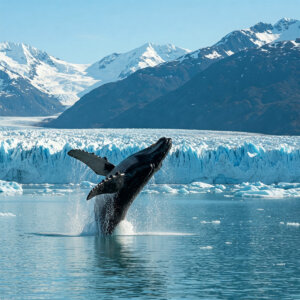 A humpback whale breaching into the air, with an icy white glacier in the background