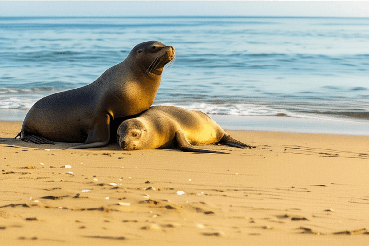 A pair of sea lions laying on the beach