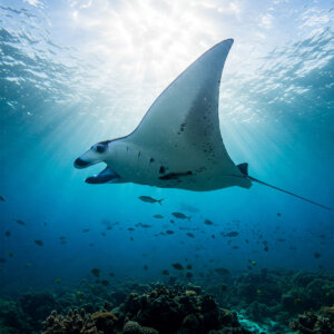 A manta ray under the water in the South Pacific