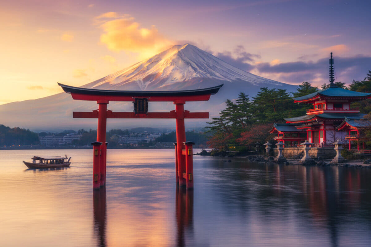 Mount Fuji in the distance, with a lake and cultural architecture in the foreground
