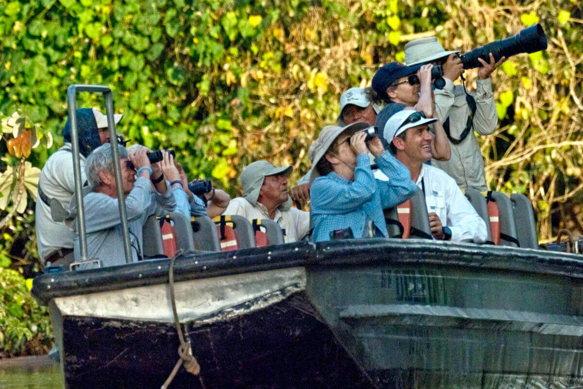 Travelers in a skiff viewing wildlife