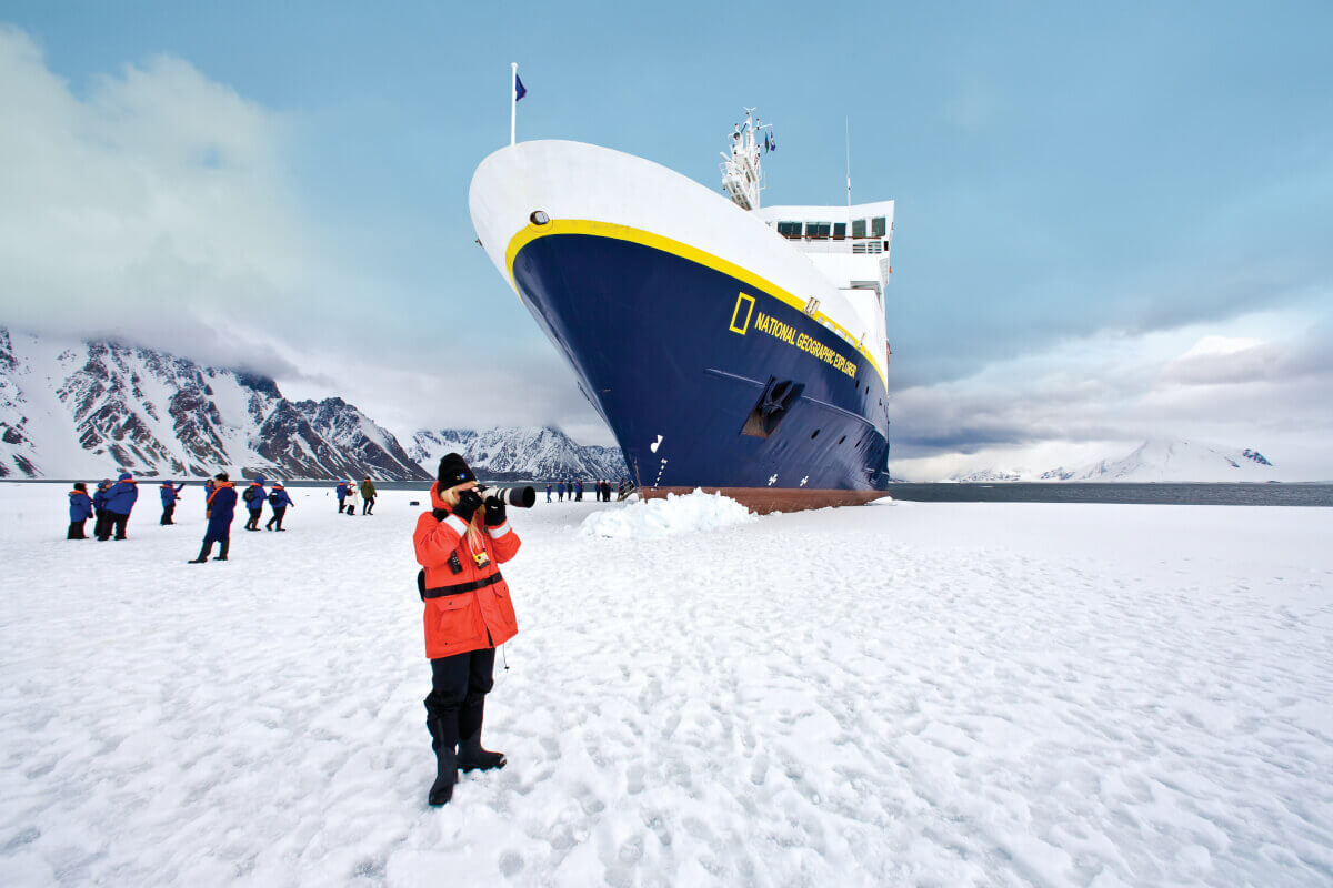 National Geographic Explorer parked in the ice, allowing guests to disembark directly on the ice