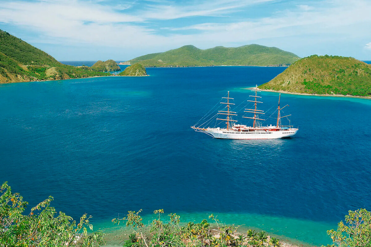 Sea Cloud II in a quiet cove in the Caribbean