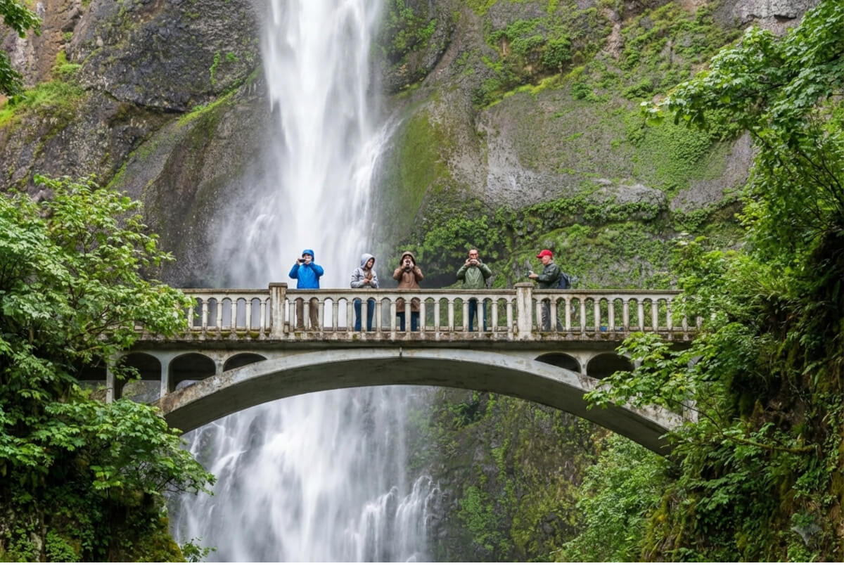 Cruise guests standing on the bridge in front of Multnomah Falls in Oregon