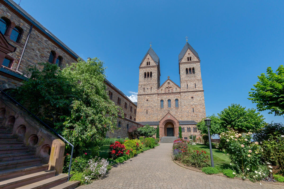 The Abbey of St. Hildegard, also known as Eibingen Abbey, is located in Eibingen, a small town near Rüdesheim on the northern bank of the Rhine river, in Hesse, Germany.