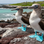 A couple of blue-footed boobies standing on rocks along the coast