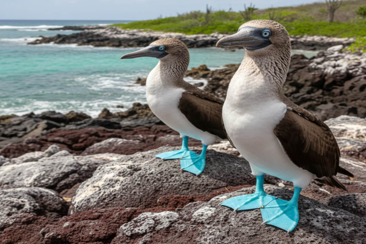 A couple of blue-footed boobies standing on rocks along the coast