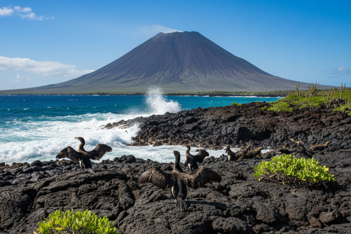 Coastline of Fernandina Island with an inactive volcano in the distance