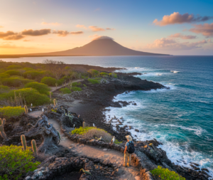 A cruise guest near sunset hiking along the coast, with birds and other animals