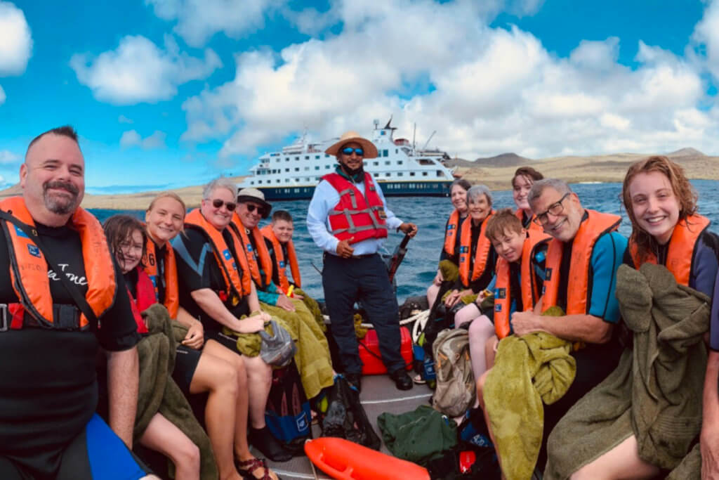 Guests in a zodiac departing the National Geographic Endeavour II heading towards a Galapagos adventure