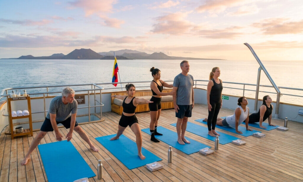Early morning onboard yoga session