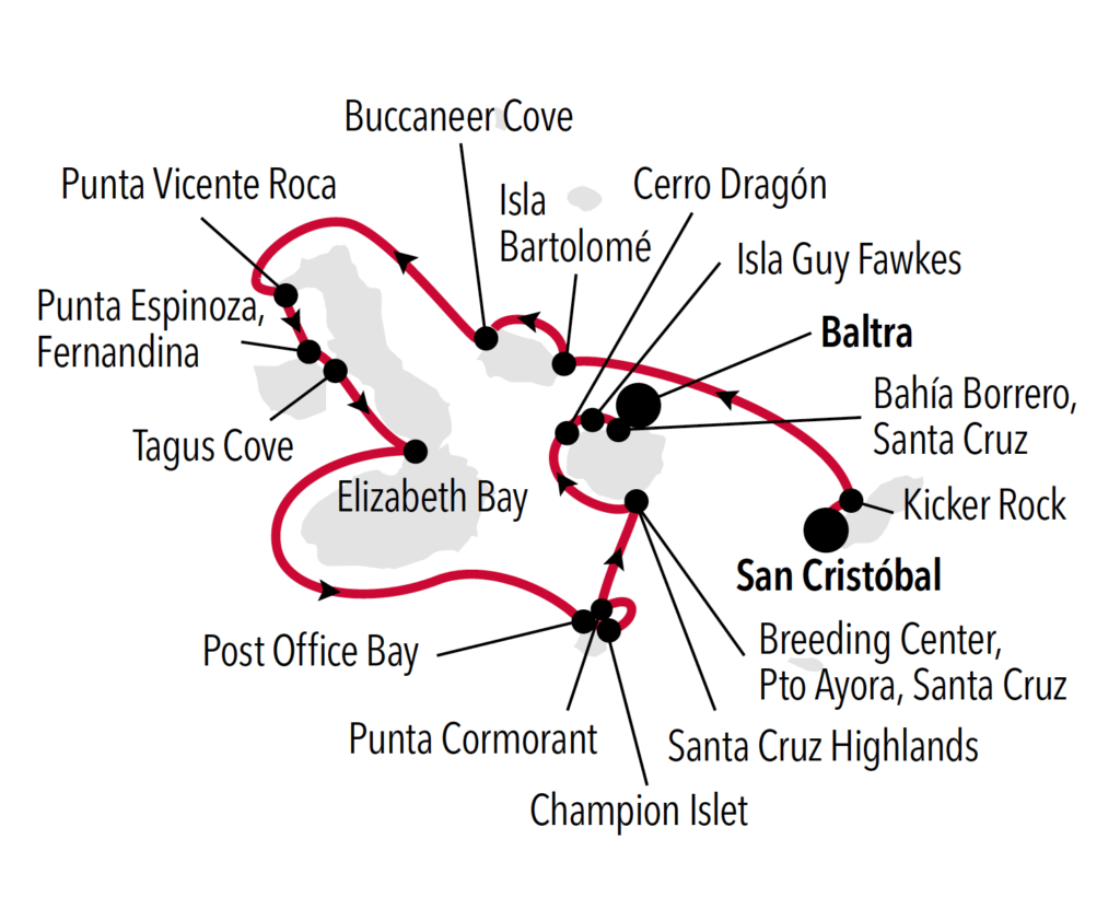 Western Galapagos San Cristobal to Baltra Itinerary Map