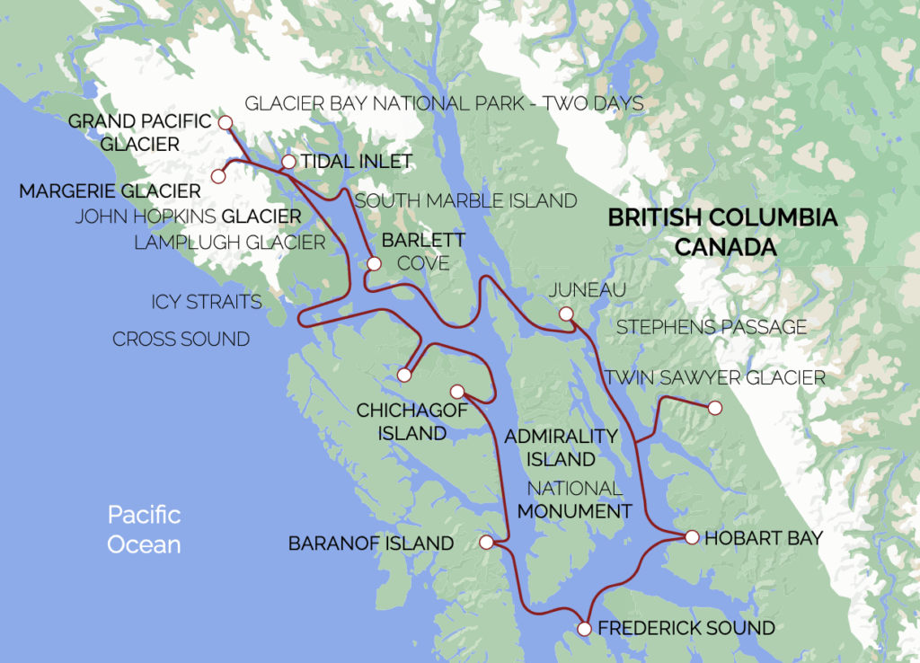 UnCruise Adventures Glacier Bay National Park Adventure Cruise itinerary map