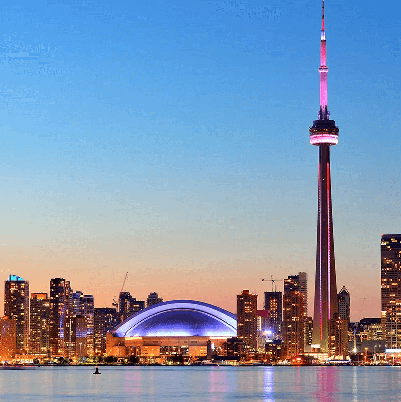 Skyline of Toronto, Ontario, Canada at dusk.