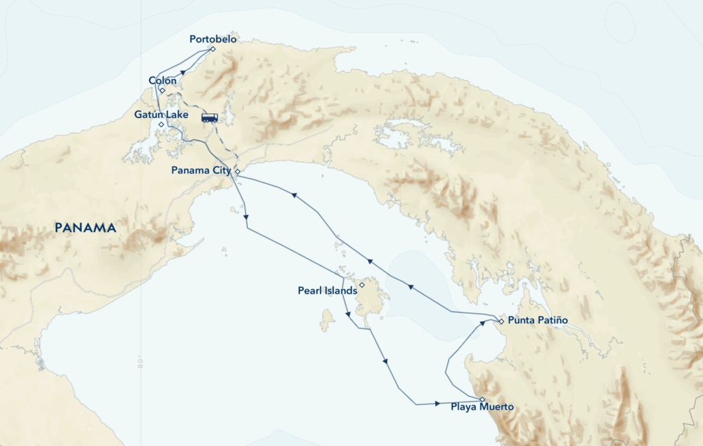 The Panama Canal, Pearl Islands and Darién Jungle itinerary map