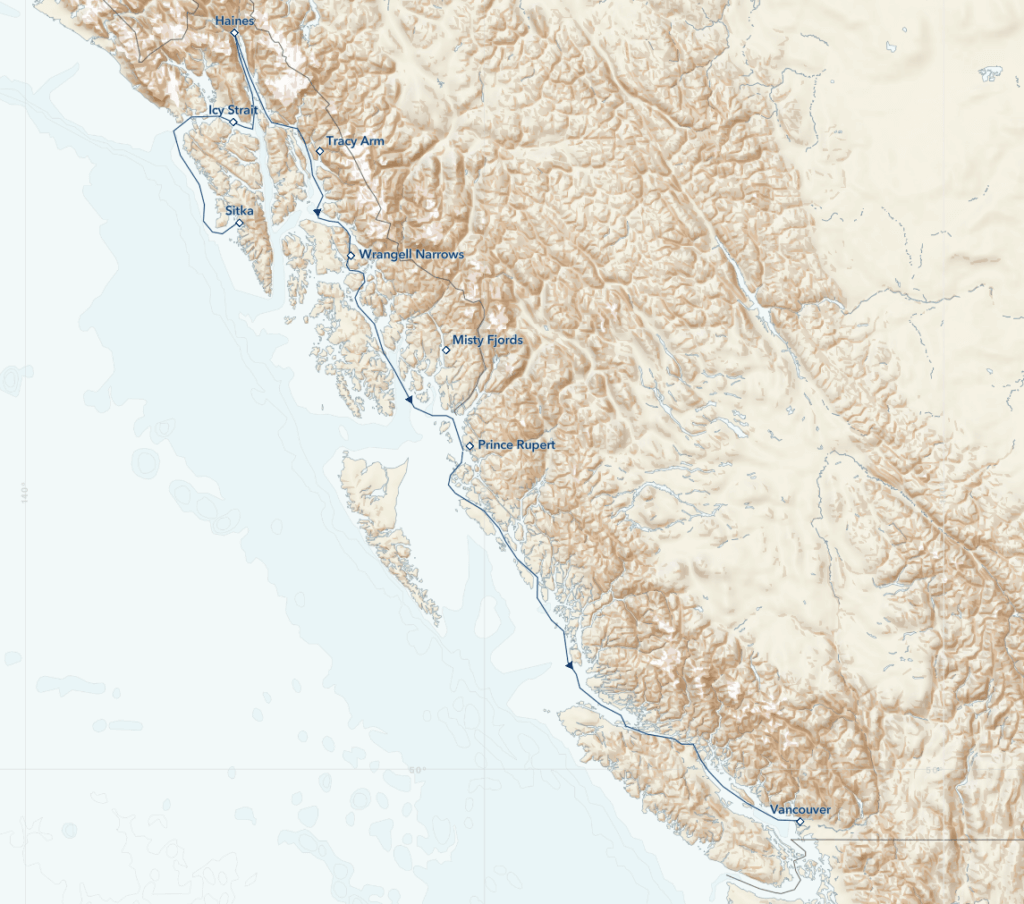 Alaska's Inside Passage and Tracy Arm itinerary map