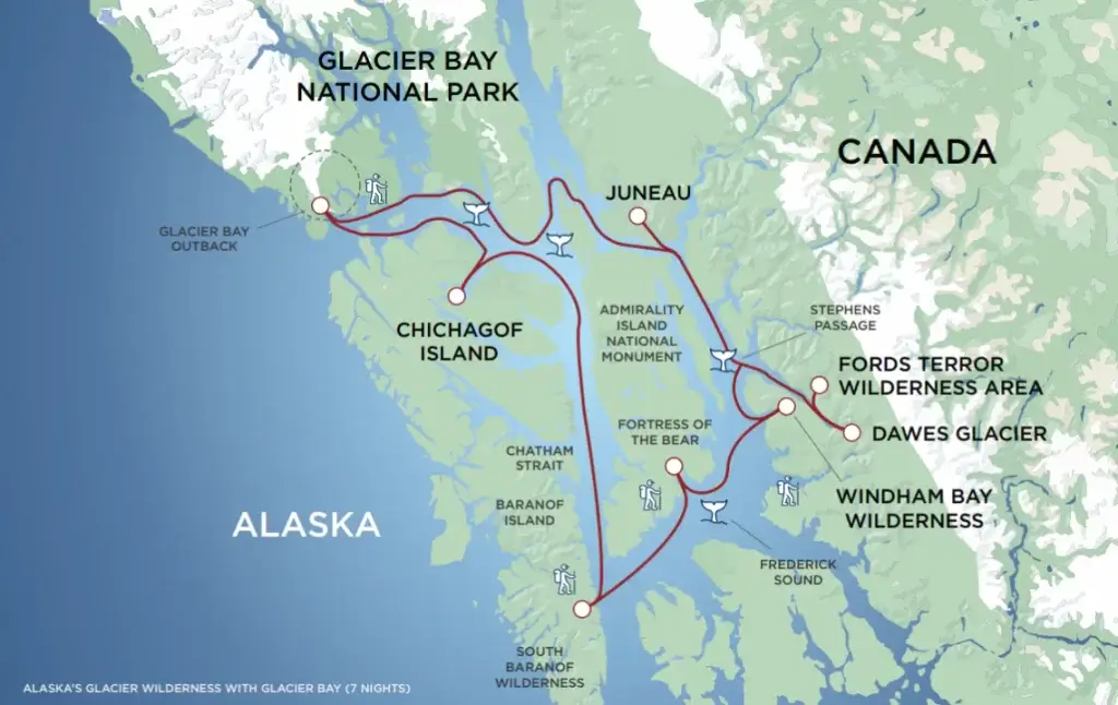 Alaska's Glacier Wilderness with Glacier Bay itinerary map