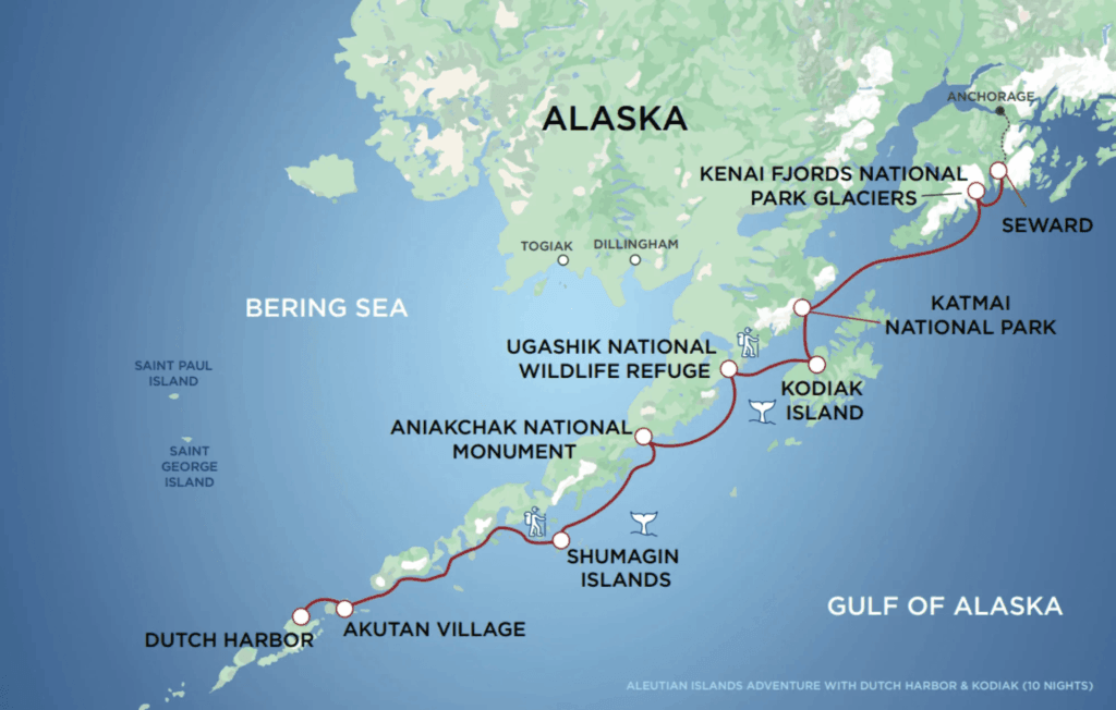 Map of an Alaska adventure route from Dutch Harbor to Seward, featuring islands, wildlife refuges, national parks, glaciers, and the Gulf of Alaska.