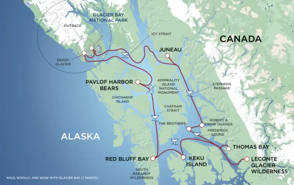 Adult Escape: Wild, Woolly and Wow with Glacier Bay itinerary map