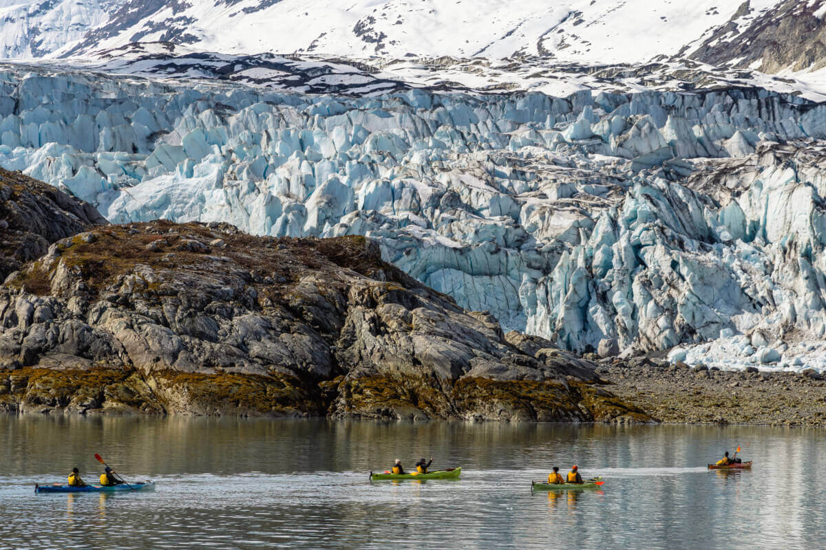 A group of kayakers in yellow kayaks exploring near a glacier in Glacier Bay
