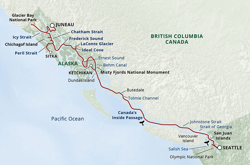 UNCA Alaska Inside Passage Glacier Bay Wilderness Cruise Itinerary Map 