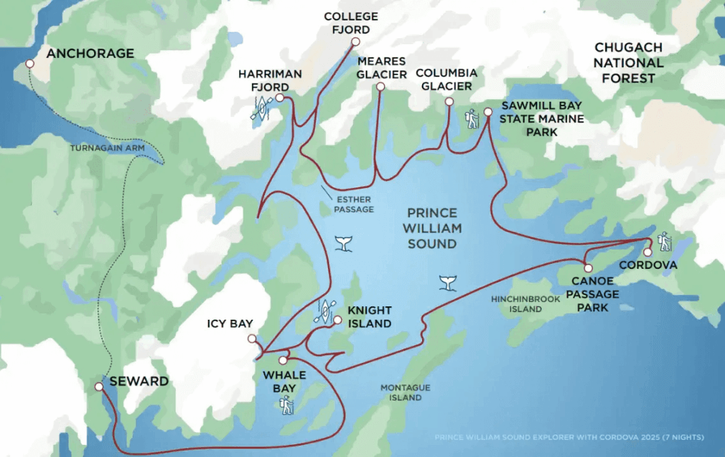 Prince William Sound Explorer with Cordova itinerary map