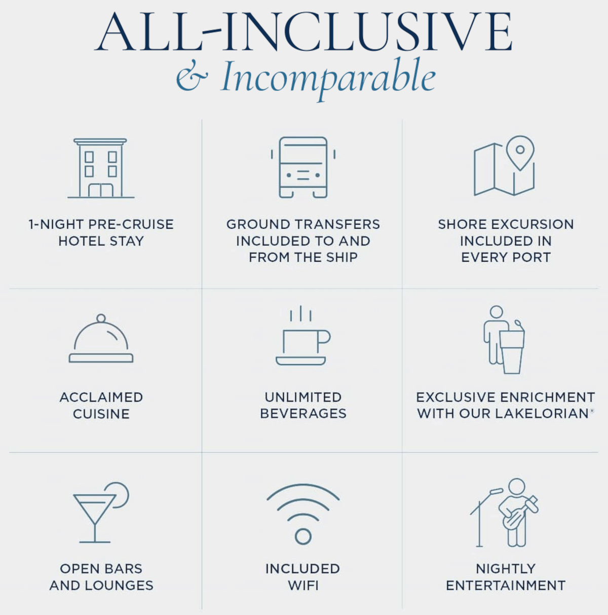 All-Inclusive & Incomparable, 1-Night Pre-Cruise Hotel Stay, Ground Transfers included to and from the ship, Shore Excursion included in every port, acclaimed cuisine, Unlimited beverages, Exclusive enrichment with our Lakelorian, Open bars and lounges, Included Wi-Fi, Nightly Entertainment