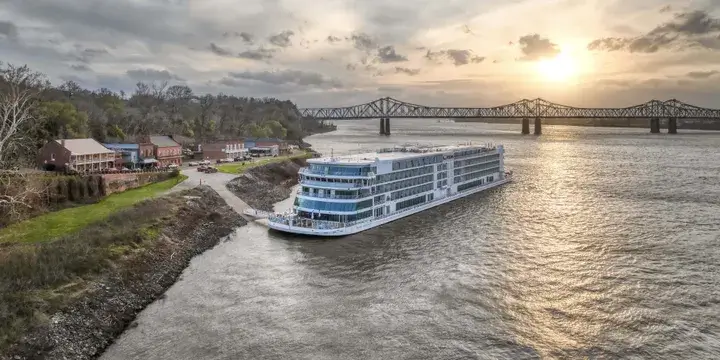 A Viking riverboat docks in Natchez, Mississippi