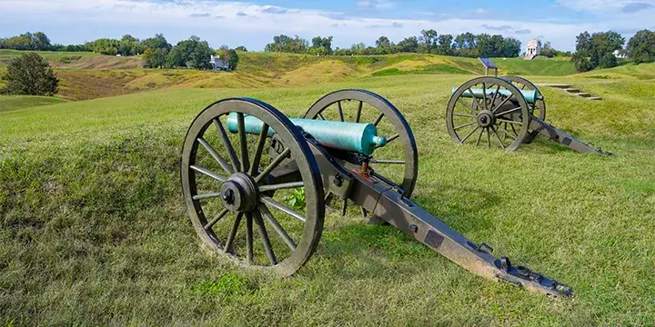 Cannons at a historic battlefield in Vicksburg, Mississippi