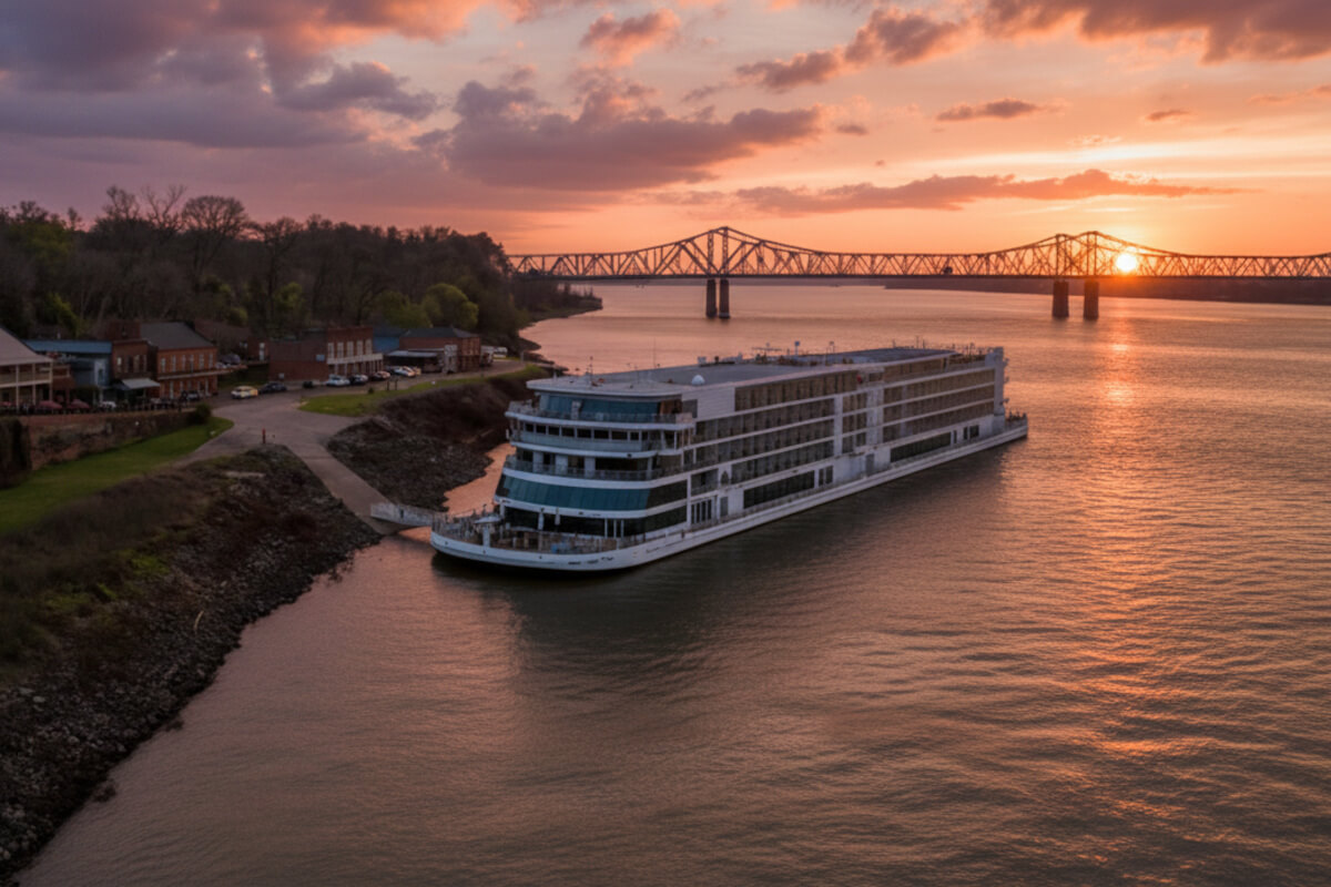 The Viking Mississippi docked on the Mississippi River