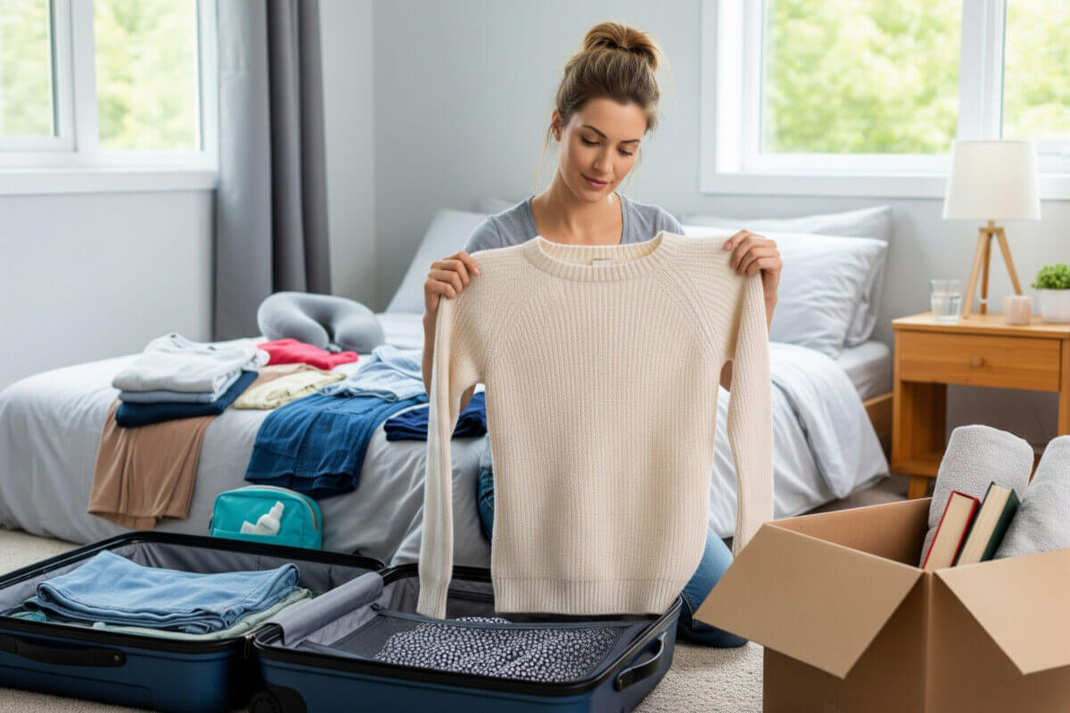 A woman holding up a knit top while packing