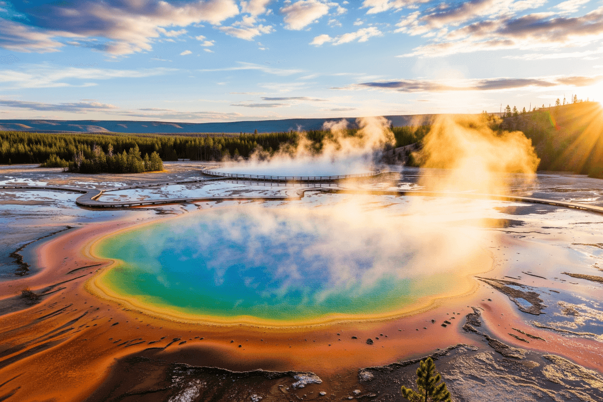 Colorful springs, with steam rising from the pool, in Yellowstone National Park