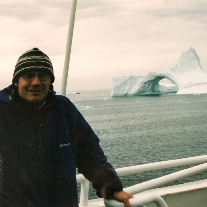 Devin Murphy onboard ship near iceberg