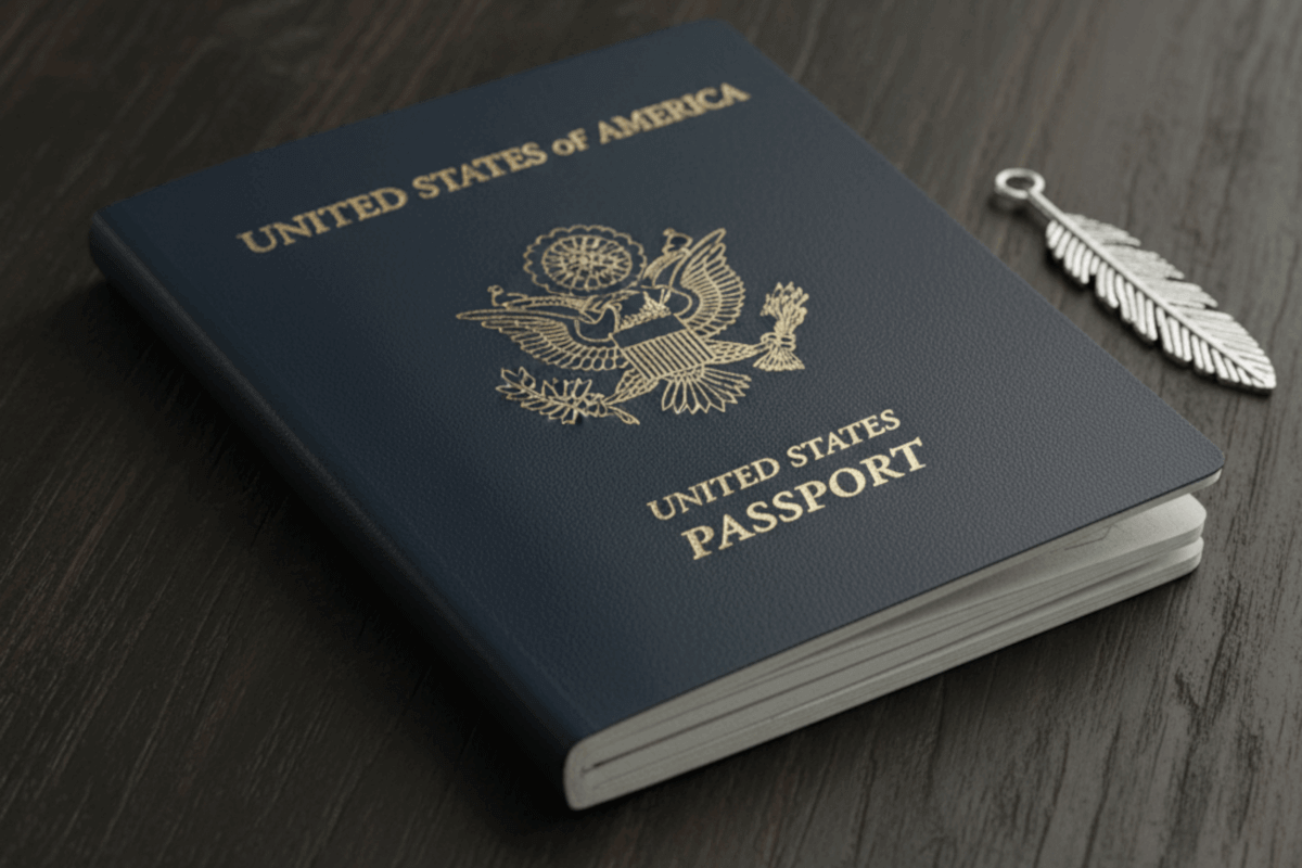A United States passport on a wood-grained table